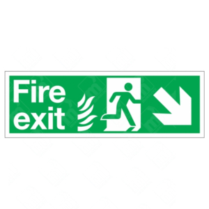 HTM65 Fire Exit NHS Running Man Right Arrow Diagonal Down Sign – green NHS fire exit sign with downward-right arrow, running man and flame