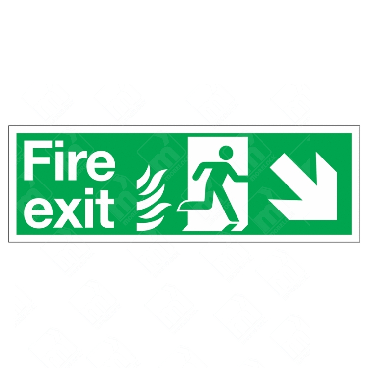 HTM65 Fire Exit NHS Running Man Right Arrow Diagonal Down Sign – green NHS fire exit sign with downward-right arrow, running man and flame