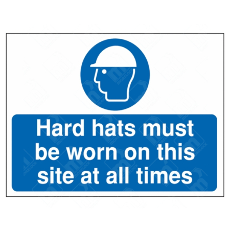 Hard Hats Must Be Worn On This Site At All Times Sign – mandatory PPE symbol with white hard hat icon on blue background for construction site safety.