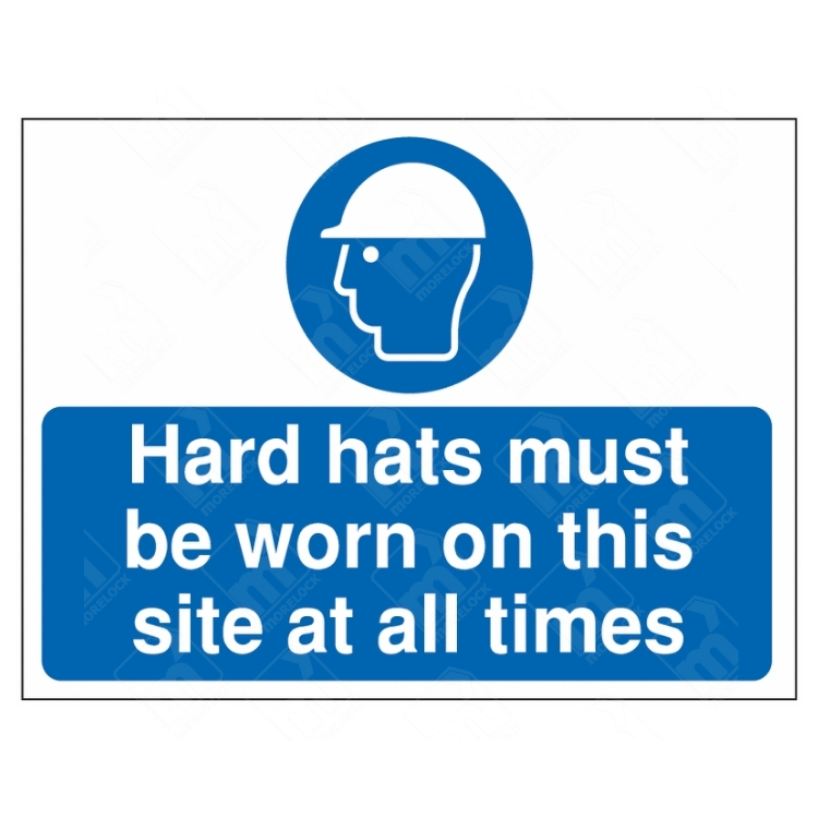 Hard Hats Must Be Worn On This Site At All Times Sign – mandatory PPE symbol with white hard hat icon on blue background for construction site safety.