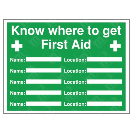 Know Where To Get First Aid Sign – green safety sign with writable fields for names and locations