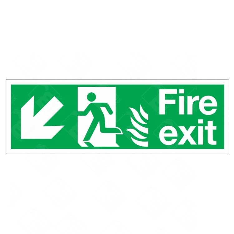 HTM65 Fire Exit NHS Running Man Left Arrow Diagonal Down Sign – green NHS fire exit sign with downward-left arrow, flame and running man symbol