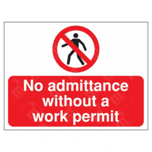 No Admittance Without a Work Permit Sign – red and white UK prohibition sign with person symbol and entry restriction text