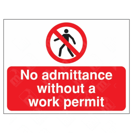 No Admittance Without a Work Permit Sign – red and white UK prohibition sign with person symbol and entry restriction text