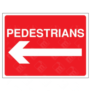 Pedestrians Left Arrow Direction Sign – red UK pedestrian safety sign with white arrow directing foot traffic left