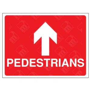 Pedestrians Route Ahead Sign – red directional signage for guiding foot traffic safely