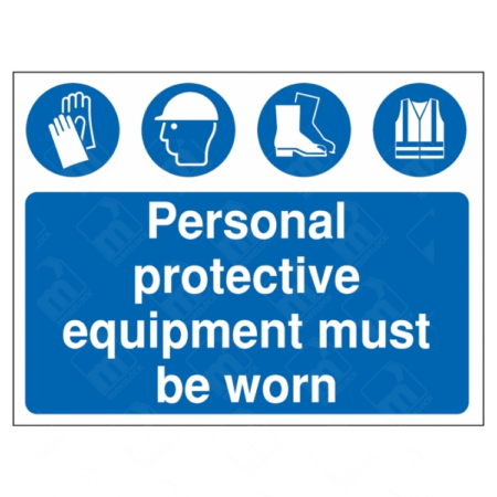 Personal Protective Equipment Must Be Worn Sign – blue UK safety sign with gloves, helmet, boots, and hi-vis symbols for mandatory PPE zones