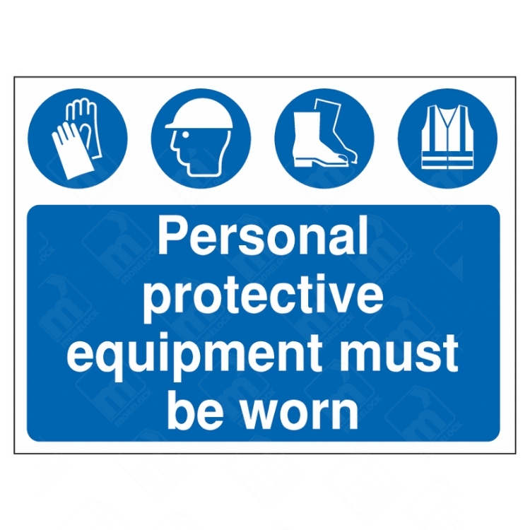 Personal Protective Equipment Must Be Worn Sign – blue UK safety sign with gloves, helmet, boots, and hi-vis symbols for mandatory PPE zones