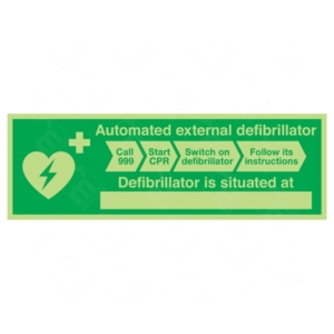 AED User Guide and Location Sign – glow-in-the-dark defibrillator instruction signage with writable location box
