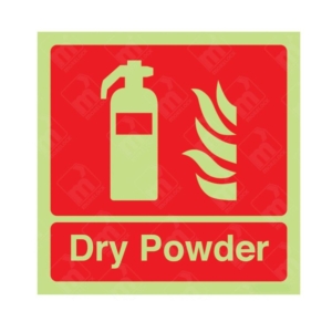 Photoluminescent Dry Powder Fire Extinguisher Sign – glow-in-dark red label with extinguisher and flame icon