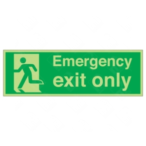 Photoluminescent Running Man Left and Emergency Exit Only Sign – glow-in-the-dark emergency sign for restricted use exits