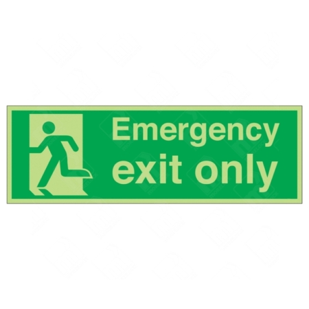 Photoluminescent Running Man Left and Emergency Exit Only Sign – glow-in-the-dark emergency sign for restricted use exits