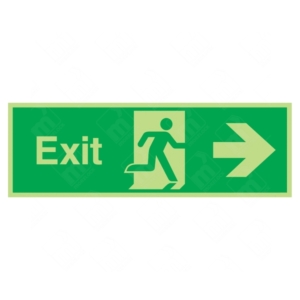 Photoluminescent Exit Running Man and Arrow Right Sign – glow-in-the-dark emergency route sign for UK buildings