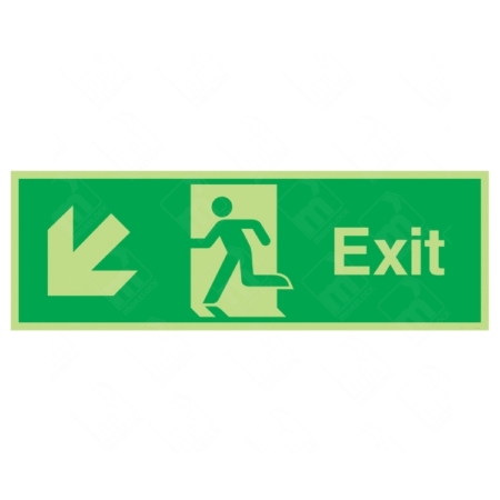 Photoluminescent Fire Exit Running Man Left and Arrow Diagonal Down Sign – UK glow-in-dark emergency signage for fire exits.