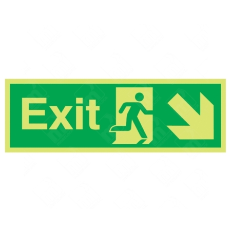 Photoluminescent Exit Running Man Right and Arrow Diagonal Down Sign – glow-in-the-dark signage for exits leading downward to the right