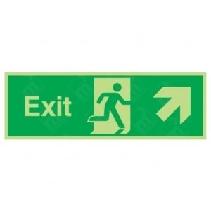 Photoluminescent Exit Running Man Right and Arrow Diagonal Up Sign – glow-in-the-dark upper-right fire exit signage