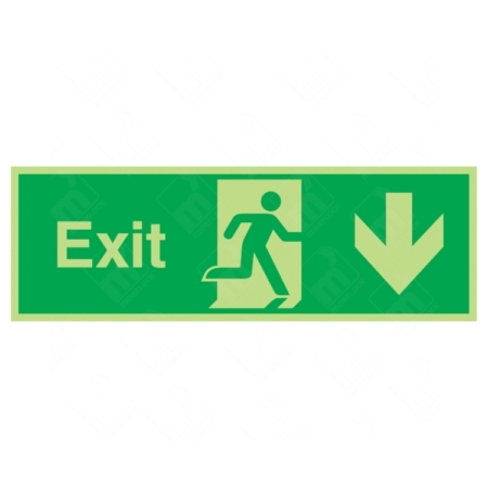 Photoluminescent Exit Running Man Right and Arrow Down Sign – glow-in-the-dark evacuation signage for UK safety compliance