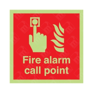 Photoluminescent Fire Alarm Call Point Sign – glow-in-the-dark red safety sign showing button press and flames