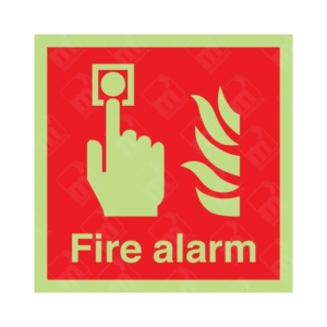 Photoluminescent Fire Alarm and Symbol Sign – glow-in-the-dark sign showing alarm activation and flame symbol