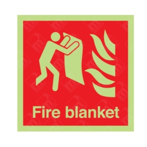 Photoluminescent Fire Blanket Sign – glow-in-dark fire safety sign with figure and blanket icon