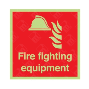 Photoluminescent Fire Fighting Equipment Sign – glow-in-dark helmet and flame fire safety label