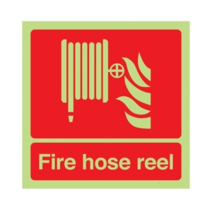 Photoluminescent Fire Hose Reel Sign – glow-in-dark red fire safety label with hose and flame icon