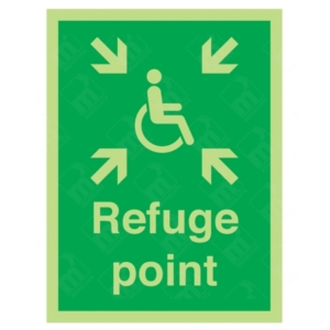 Photoluminescent Refuge Point Sign – glow-in-dark accessibility sign with arrows and wheelchair icon