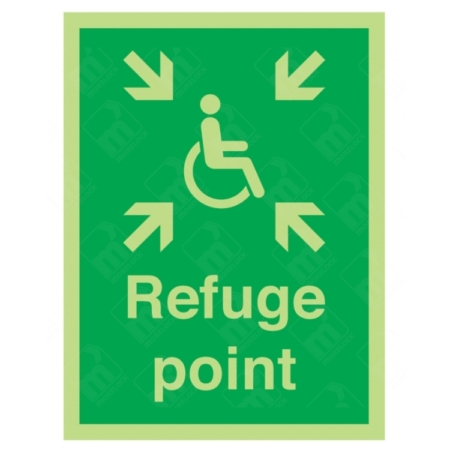 Photoluminescent Refuge Point Sign – glow-in-dark accessibility sign with arrows and wheelchair icon