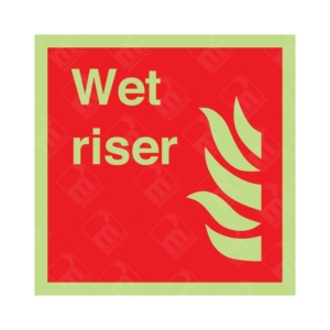 Photoluminescent Wet Riser Sign – glow-in-the-dark red safety signage with flame icon