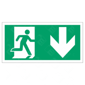 Running Man Right and Arrow Down Sign – UK directional safety sign with downwards arrow