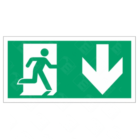 Running Man Right and Arrow Down Sign – UK directional safety sign with downwards arrow