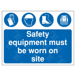 Safety Equipment Must Be Worn On Site Sign – blue PPE site sign with icons for gloves, hard hat, boots, and high-vis vest