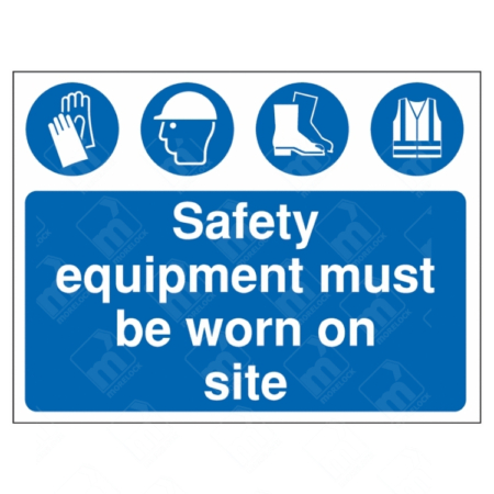 Safety Equipment Must Be Worn On Site Sign – blue PPE site sign with icons for gloves, hard hat, boots, and high-vis vest