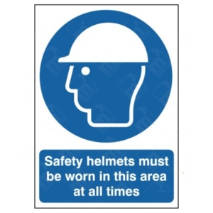 Safety Helmets Must Be Worn In This Area At All Times Sign – mandatory PPE helmet notice