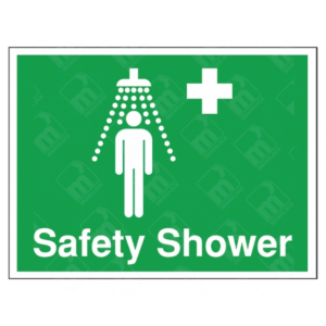 Safety Shower Sign – green emergency sign with white shower icon for chemical wash station
