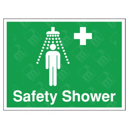 Safety Shower Sign – green emergency sign with white shower icon for chemical wash station