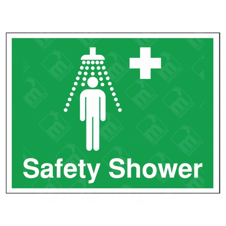 Safety Shower Sign – green emergency sign with white shower icon for chemical wash station