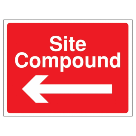 Site Compound Left Arrow Direction Sign – red and white directional sign for guiding traffic to the construction site compound.