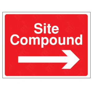 Site Compound Right Arrow Direction Sign – red and white sign with right-pointing arrow to guide site traffic toward compound area.