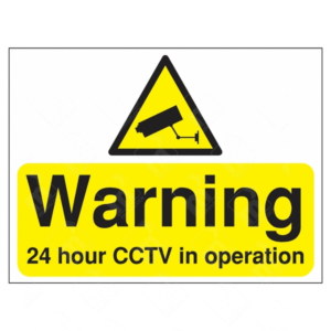 Warning 24 Hour CCTV In Operation Sign – yellow security sign with camera icon and text to indicate active surveillance