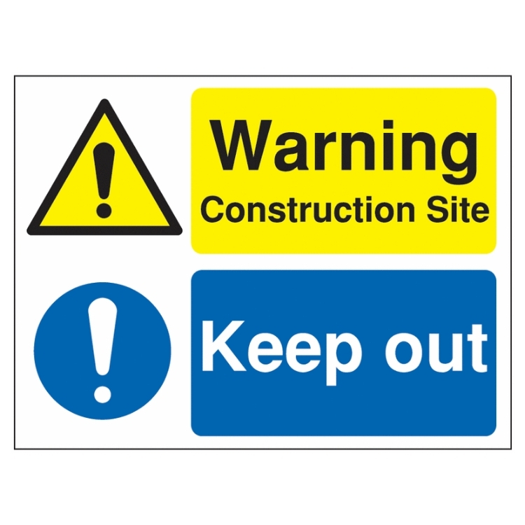 Warning Construction Site and Keep Out Dual-Message Sign UK safety board with yellow hazard warning and blue “Keep Out” notice