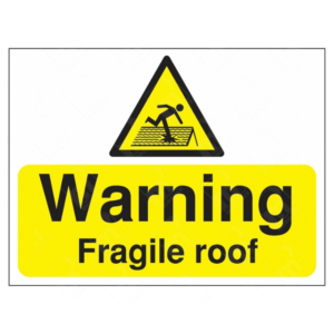 Warning Fragile Roof Sign – yellow and black safety warning sign with falling figure icon