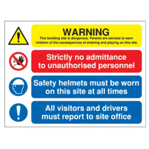 Multi-Message Site Safety Sign – No Entry, PPE, Visitors Report | UK Health & Safety Sign