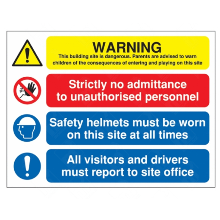 Multi-Message Site Safety Sign – No Entry, PPE, Visitors Report | UK Health & Safety Sign