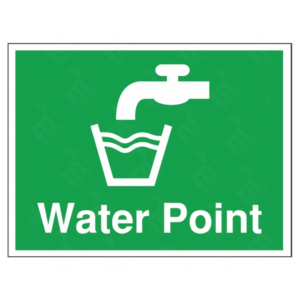 Water Point Sign – green UK safety sign showing drinking water access with white tap and cup icon.