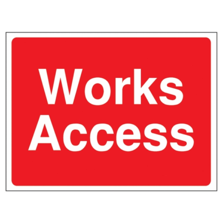 Works Access Construction Sign – red UK site traffic sign marking construction entry points for authorised vehicles and staff.