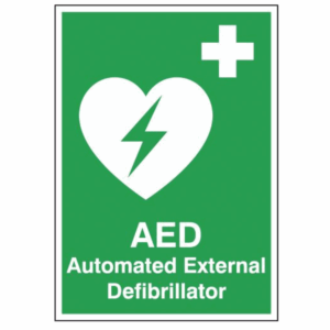 AED Automated External Defibrillator Sign – Green UK safety sign showing defibrillator heart symbol and cross