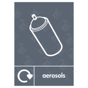 Aerosols WRAP Recycling Sign – dark grey WRAP icon featuring spray can illustration for safe aerosol disposal