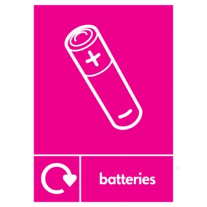 Batteries WRAP Electrical Recycling Sign – pink battery recycling bin label UK