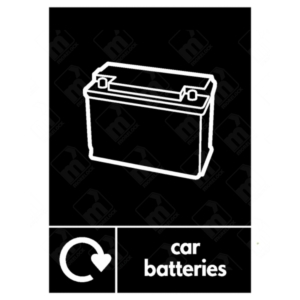 Car Batteries WRAP Recycling Sign – black WRAP icon for lead-acid battery disposal at UK garages and recycling sites